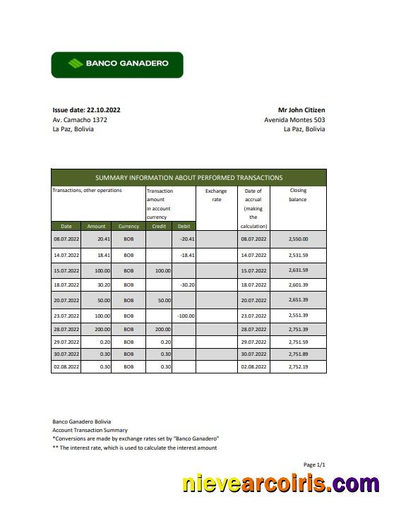 Bolivia Banco Ganadero bank statement in Excel and PDF format